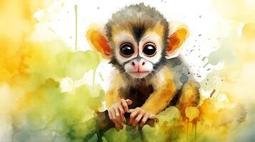 a cute little Squirrel Monkey in watercolor style. Generative AI photo