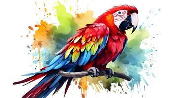 a cute little Scarlet Macaw in watercolor style. Generative AI photo