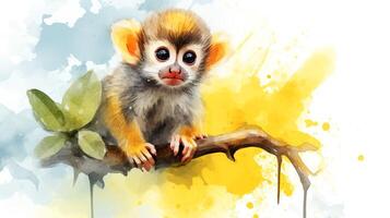 a cute little Squirrel Monkey in watercolor style. Generative AI photo