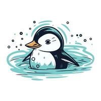 Cute penguin in the water. Hand drawn vector illustration.