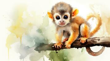 a cute little Squirrel Monkey in watercolor style. Generative AI photo