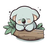 Cute koala sleeping on a wooden log. Vector illustration.
