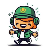 Cute Cartoon Boy Wearing Green Army Uniform Running Vector Illustration