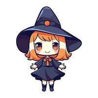 Cute cartoon witch girl in black hat and cloak. Vector illustration.