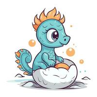 Cute cartoon blue sea horse sitting in eggshell. Vector illustration.