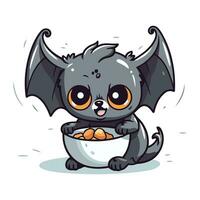 Cute cartoon bat holding a bowl full of food. Vector illustration.