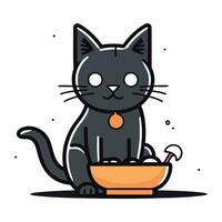 Cute cartoon black cat with bowl of food. Vector illustration.