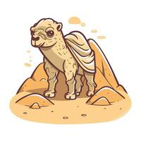Cute cartoon pug dog in the desert. Vector illustration.