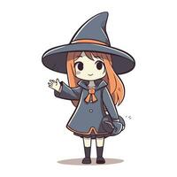 Cute witch girl in halloween costume. Vector illustration.