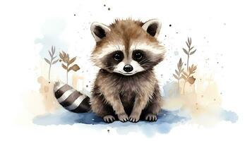 a cute little Raccoon in watercolor style. Generative AI photo