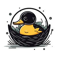 Illustration of a cute duck in a nest. Vector illustration.