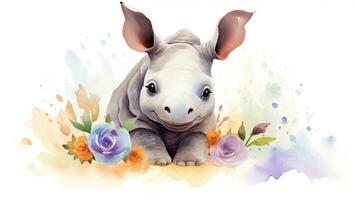 a cute little Rhinoceros in watercolor style. Generative AI photo