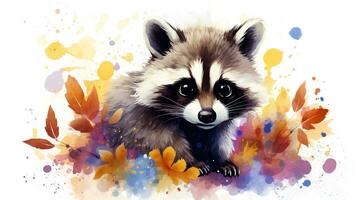 a cute little Raccoon in watercolor style. Generative AI photo