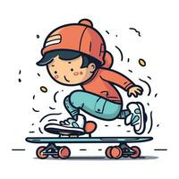 pequeño chico montando un patineta. vector ilustración en dibujos animados estilo.