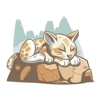 Cute cartoon wild cat sleeping on the rock. Vector illustration.