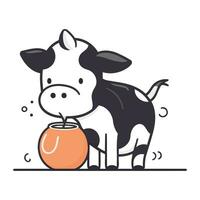 Cute cow with an orange in its mouth. Vector illustration.
