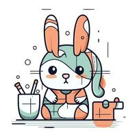 Cute cartoon bunny with pencil and eraser. Vector illustration.