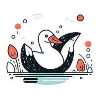 Vector illustration of a duck in the water. Line art style.