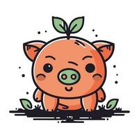 Cute piggy with green leaves. Vector illustration in cartoon style.