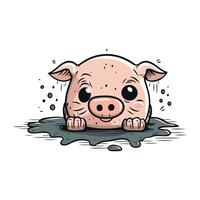 Cute pig in a puddle of water. Vector illustration.