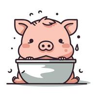 Cute pig with bowl of water. Vector illustration in cartoon style.