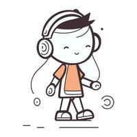 Cute little girl listening to music with headphones. Vector illustration.