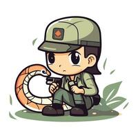 linda pequeño chico en militar uniforme sentado y Bebiendo café. vector ilustración.