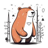 Cute cartoon beaver in the forest. Hand drawn vector illustration.