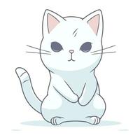 Cute cartoon white cat sitting on the floor. Vector illustration.