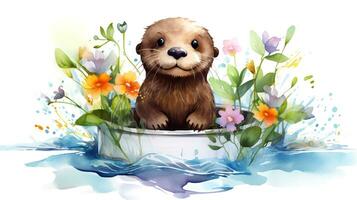 a cute little Otter in watercolor style. Generative AI photo