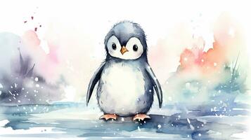 a cute little Penguin in watercolor style. Generative AI photo