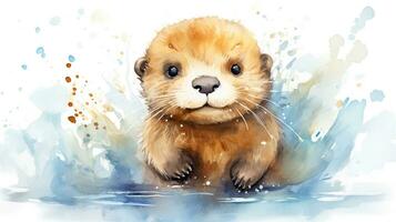a cute little Otter in watercolor style. Generative AI photo