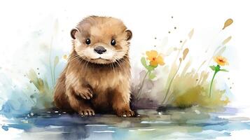 a cute little Otter in watercolor style. Generative AI photo