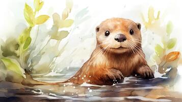 a cute little Otter in watercolor style. Generative AI photo