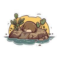 linda dibujos animados nutria sentado en el roca. vector ilustración.