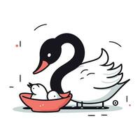 Black swan and duckling in a bowl. Vector illustration.