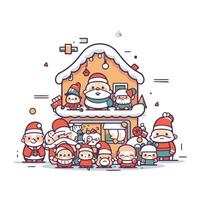 Santa Claus and his family in front of the house. Vector illustration.