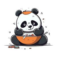 Cute panda with a bowl of food. Vector illustration.