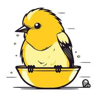 Cute little bird sitting in a bowl of water. Vector illustration.