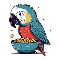 Parrot with bowl of dry food. Vector illustration in cartoon style.