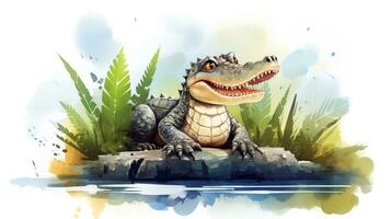 a cute little Nile Crocodile in watercolor style. Generative AI photo