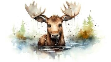 a cute little Moose in watercolor style. Generative AI photo