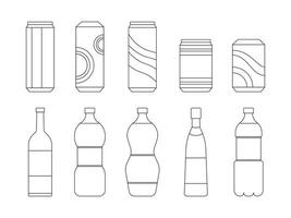 Bottle beverage, canned set.  simple line style. Vector illustration