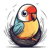 Cute cartoon parrot sitting on the nest. Vector illustration.