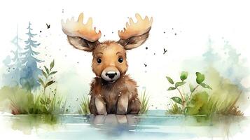 a cute little Moose in watercolor style. Generative AI photo