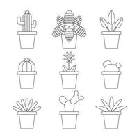 Cactus plants in pots flat design. Vector illustration simple line style