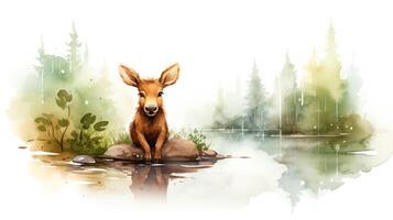 a cute little Moose in watercolor style. Generative AI photo