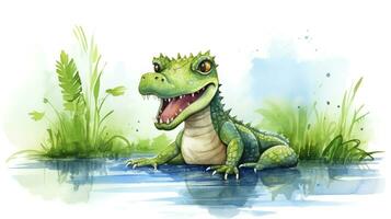 a cute little Nile Crocodile in watercolor style. Generative AI photo