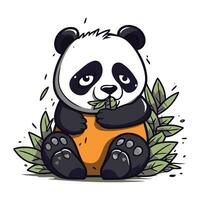 linda panda sentado en un rama con hojas. vector ilustración.