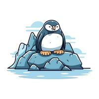 Penguin sitting on the rock. Cute cartoon vector illustration.